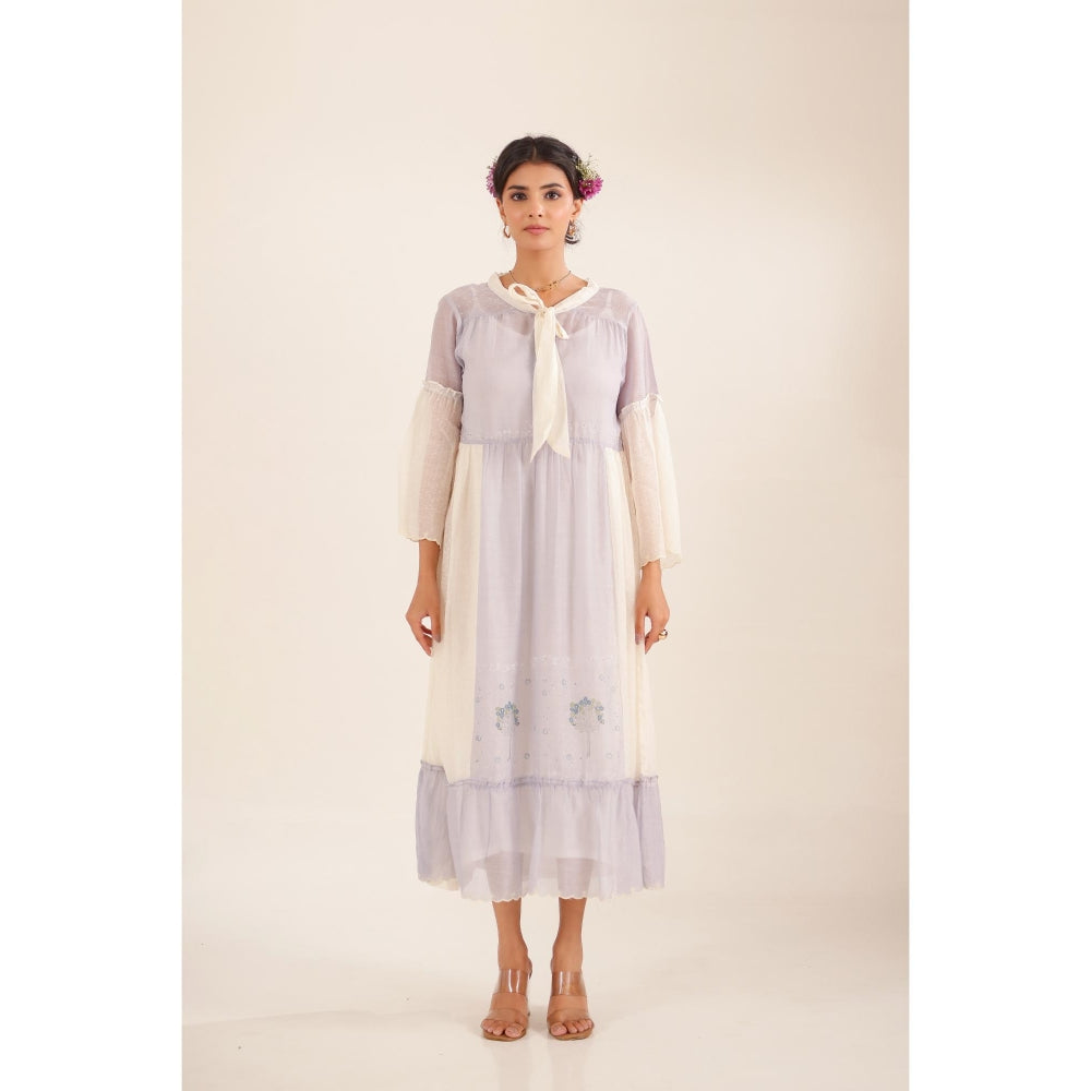 Tatwa Designs Women Lavender Cotton Embroidered Midi Dress With Dupatta