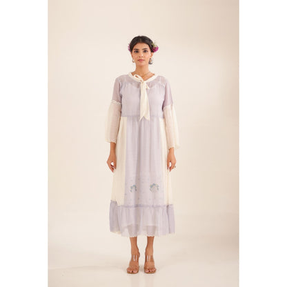 Tatwa Designs Women Lavender Cotton Embroidered Midi Dress With Dupatta
