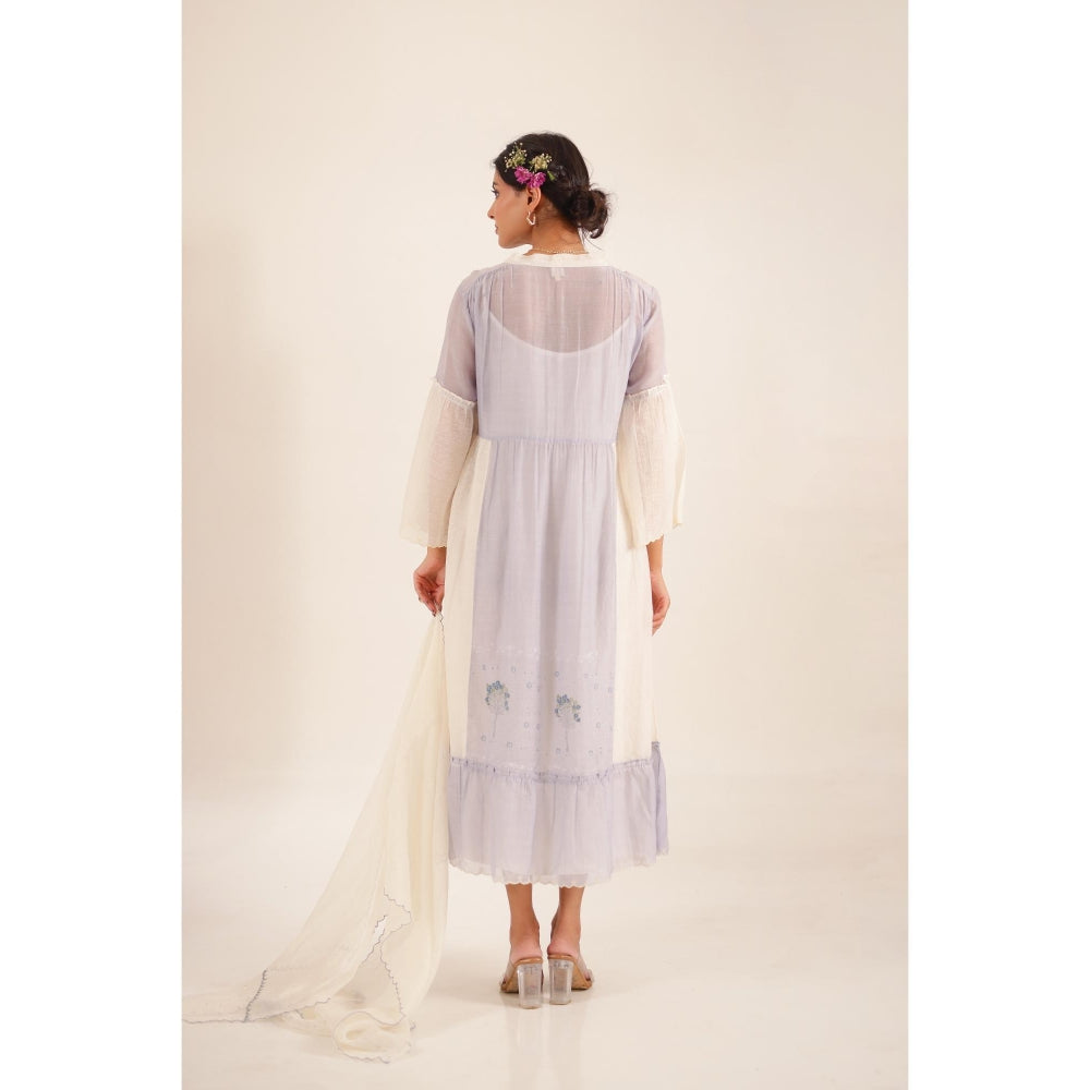 Tatwa Designs Women Lavender Cotton Embroidered Midi Dress With Dupatta