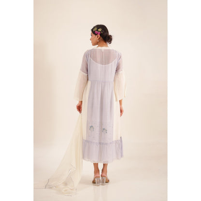 Tatwa Designs Women Lavender Cotton Embroidered Midi Dress With Dupatta