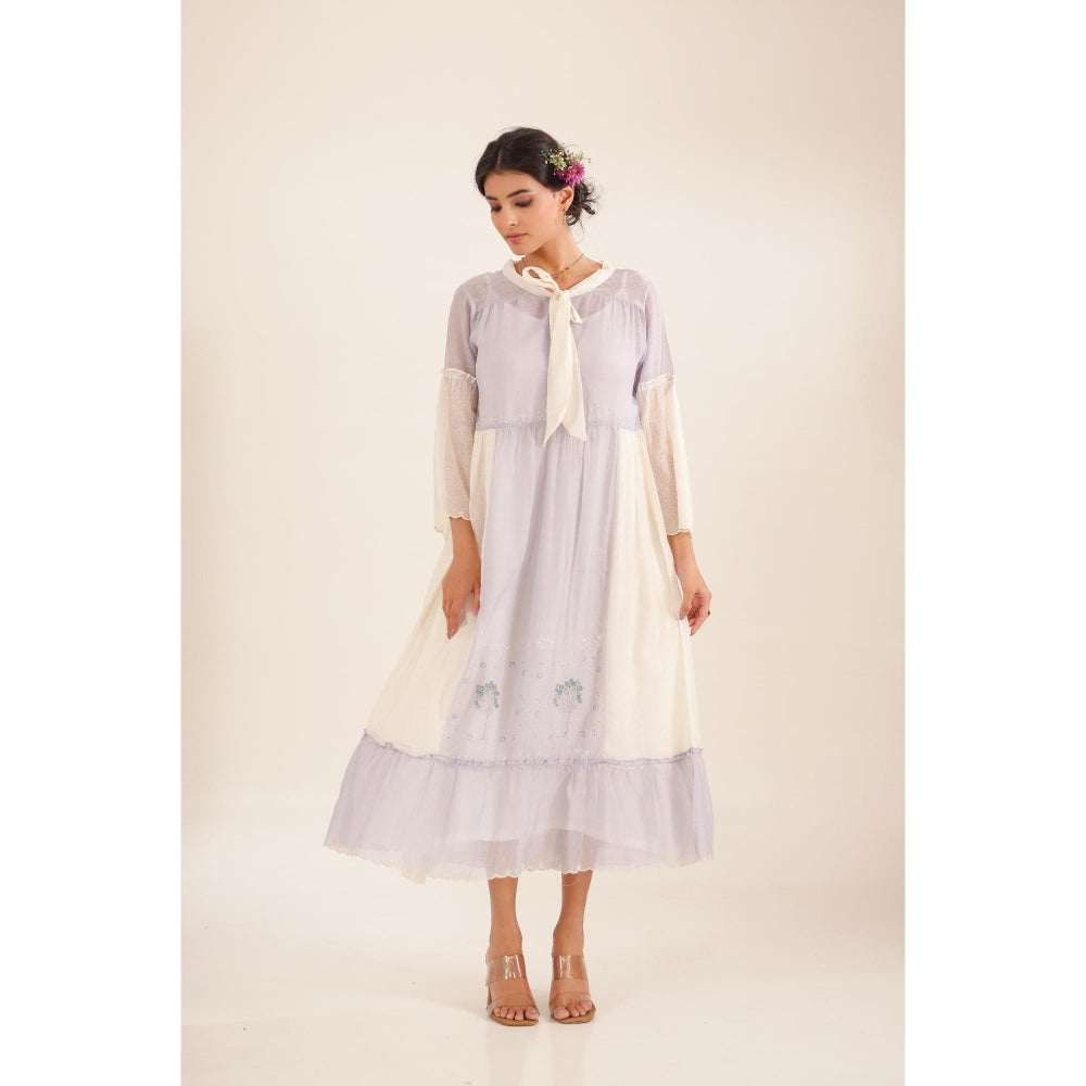 Tatwa Designs Women Lavender Cotton Embroidered Midi Dress With Dupatta