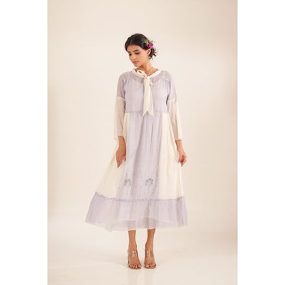 Tatwa Designs Women Lavender Cotton Embroidered Midi Dress With Dupatta