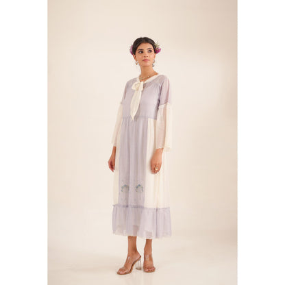 Tatwa Designs Women Lavender Cotton Embroidered Midi Dress With Dupatta