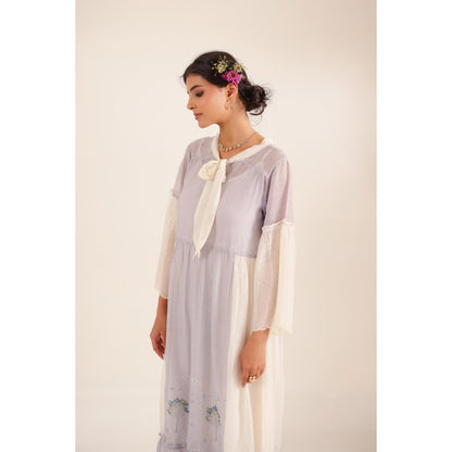 Tatwa Designs Women Lavender Cotton Embroidered Midi Dress With Dupatta