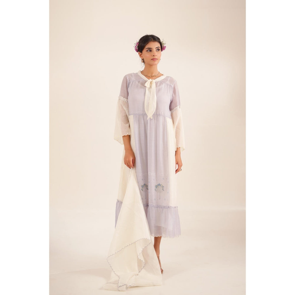 Tatwa Designs Women Lavender Cotton Embroidered Midi Dress With Dupatta