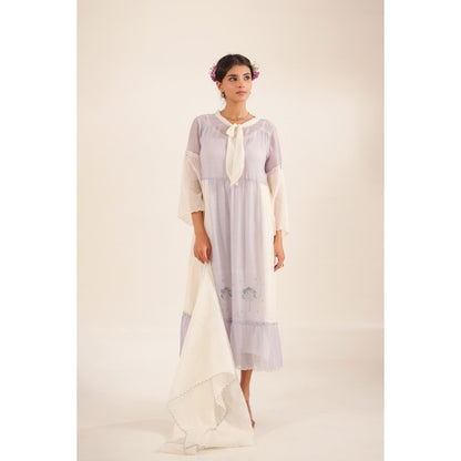 Tatwa Designs Women Lavender Cotton Embroidered Midi Dress With Dupatta