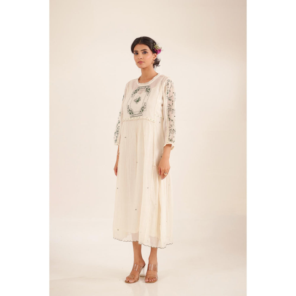 Tatwa Designs Women Ivory Cotton Embroidered Midi Dress With Dupatta