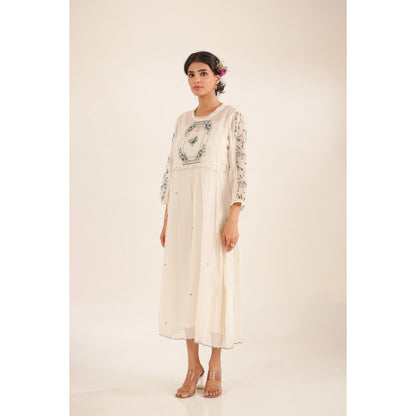 Tatwa Designs Women Ivory Cotton Embroidered Midi Dress With Dupatta