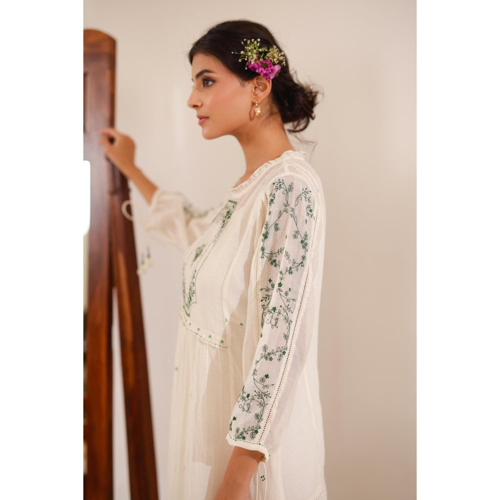 Tatwa Designs Women Ivory Cotton Embroidered Midi Dress With Dupatta