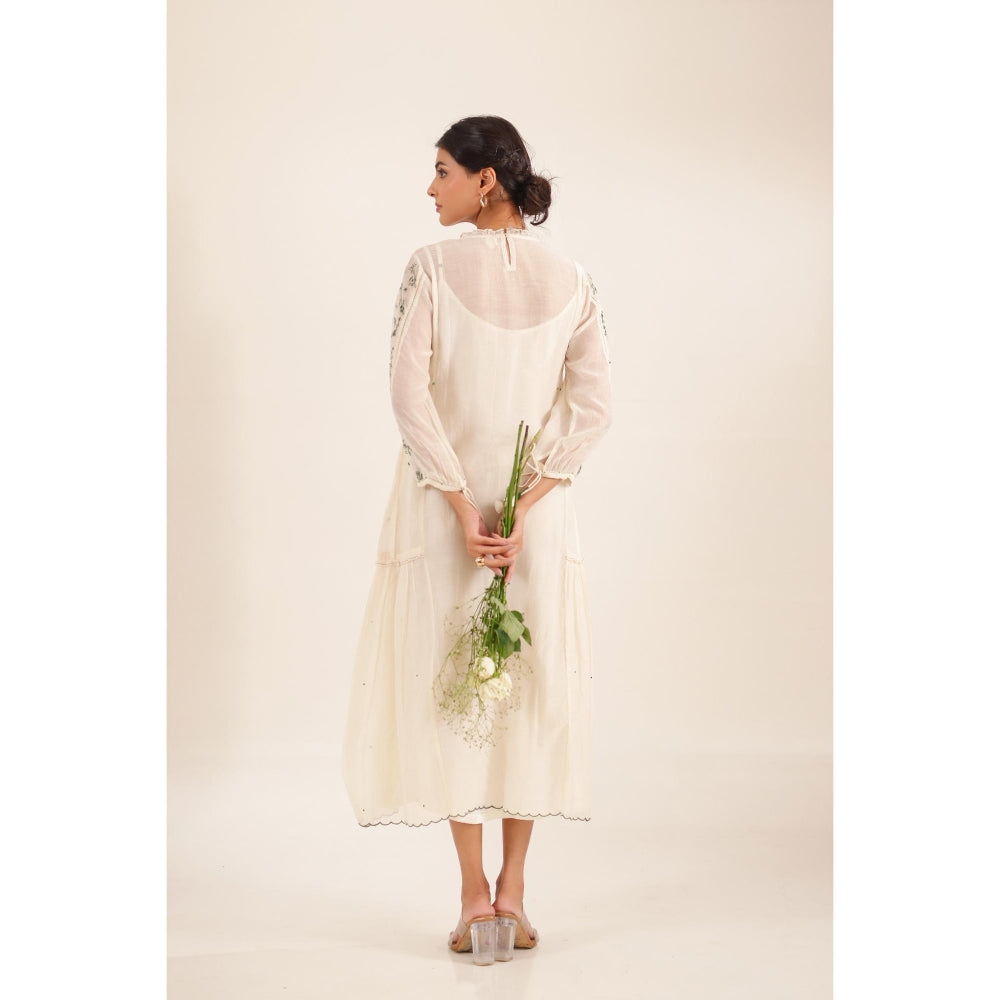 Tatwa Designs Women Ivory Cotton Embroidered Midi Dress With Dupatta