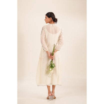 Tatwa Designs Women Ivory Cotton Embroidered Midi Dress With Dupatta