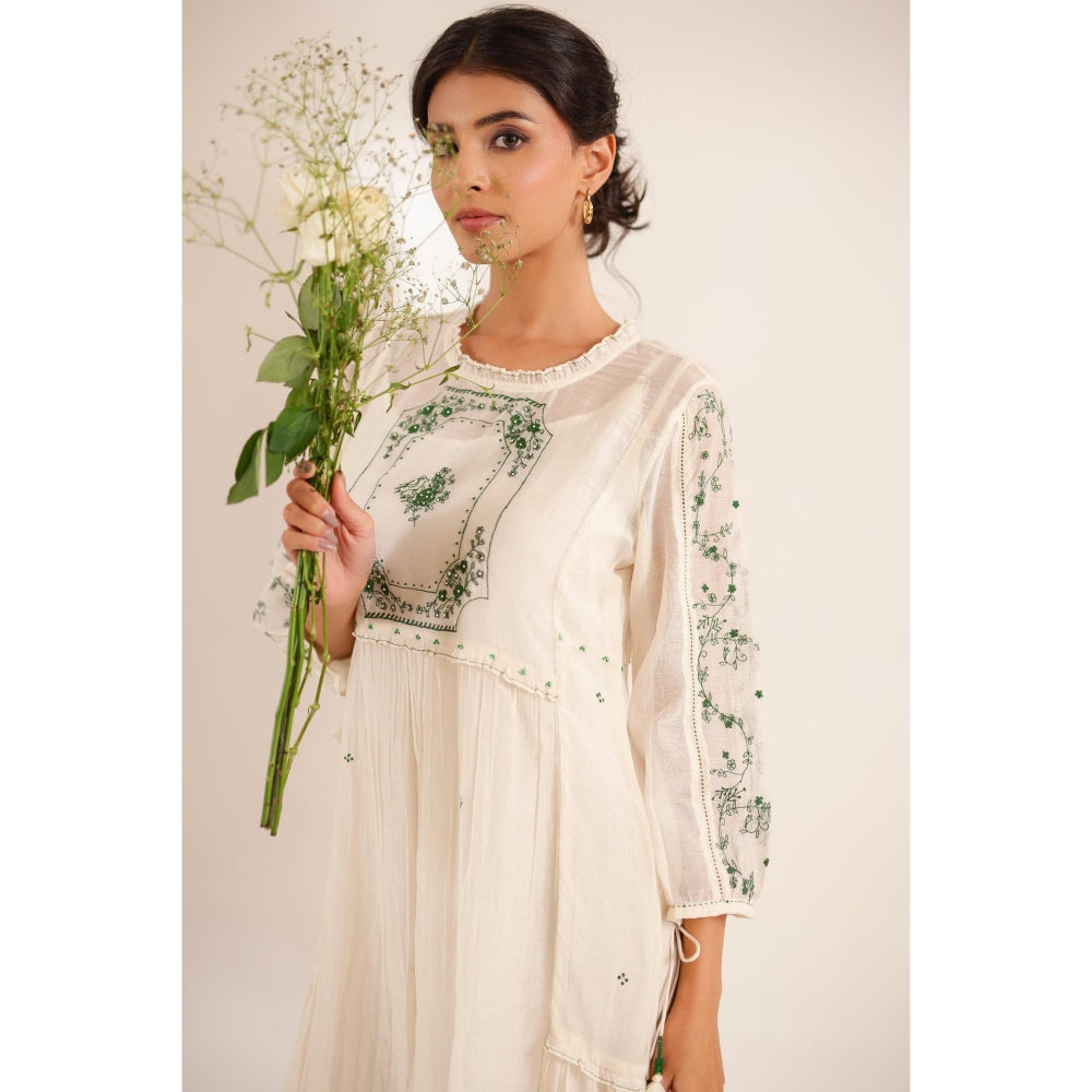 Tatwa Designs Women Ivory Cotton Embroidered Midi Dress With Dupatta
