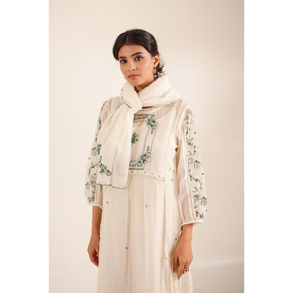 Tatwa Designs Women Ivory Cotton Embroidered Midi Dress With Dupatta