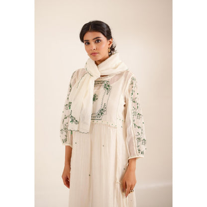 Tatwa Designs Women Ivory Cotton Embroidered Midi Dress With Dupatta