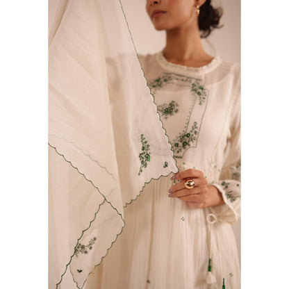 Tatwa Designs Women Ivory Cotton Embroidered Midi Dress With Dupatta