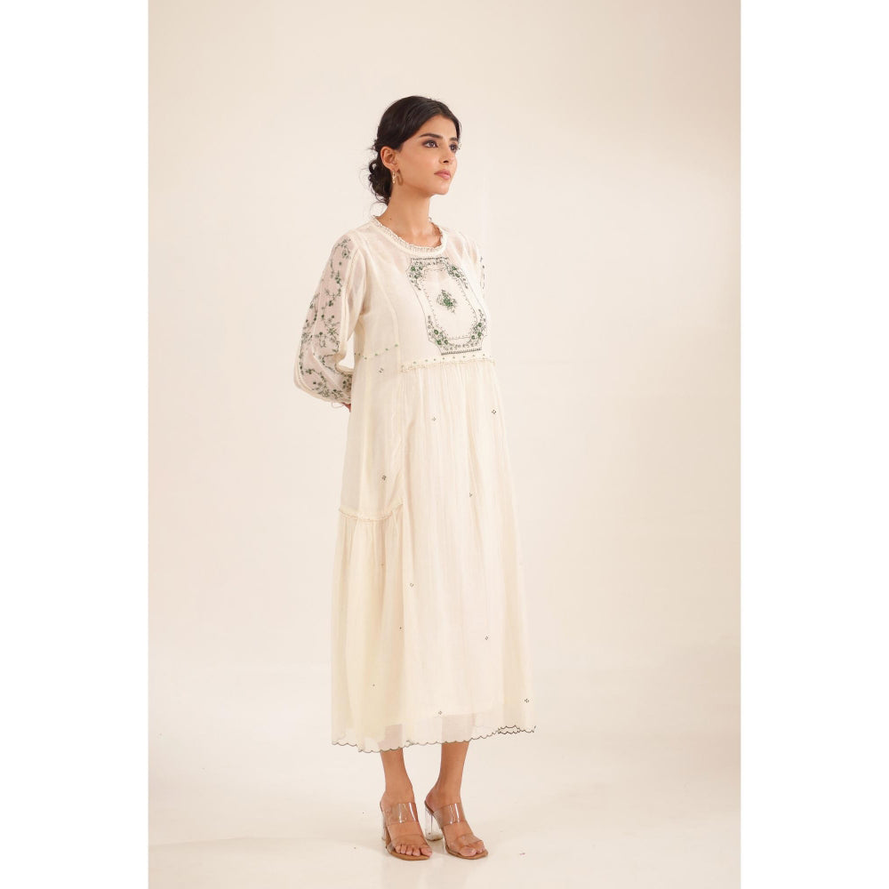 Tatwa Designs Women Ivory Cotton Embroidered Midi Dress With Dupatta