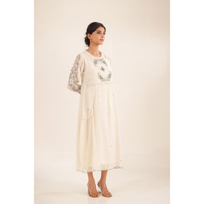 Tatwa Designs Women Ivory Cotton Embroidered Midi Dress With Dupatta