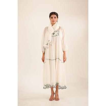 Tatwa Designs Women White Chanderi Embroidered Midi Dress With Dupatta