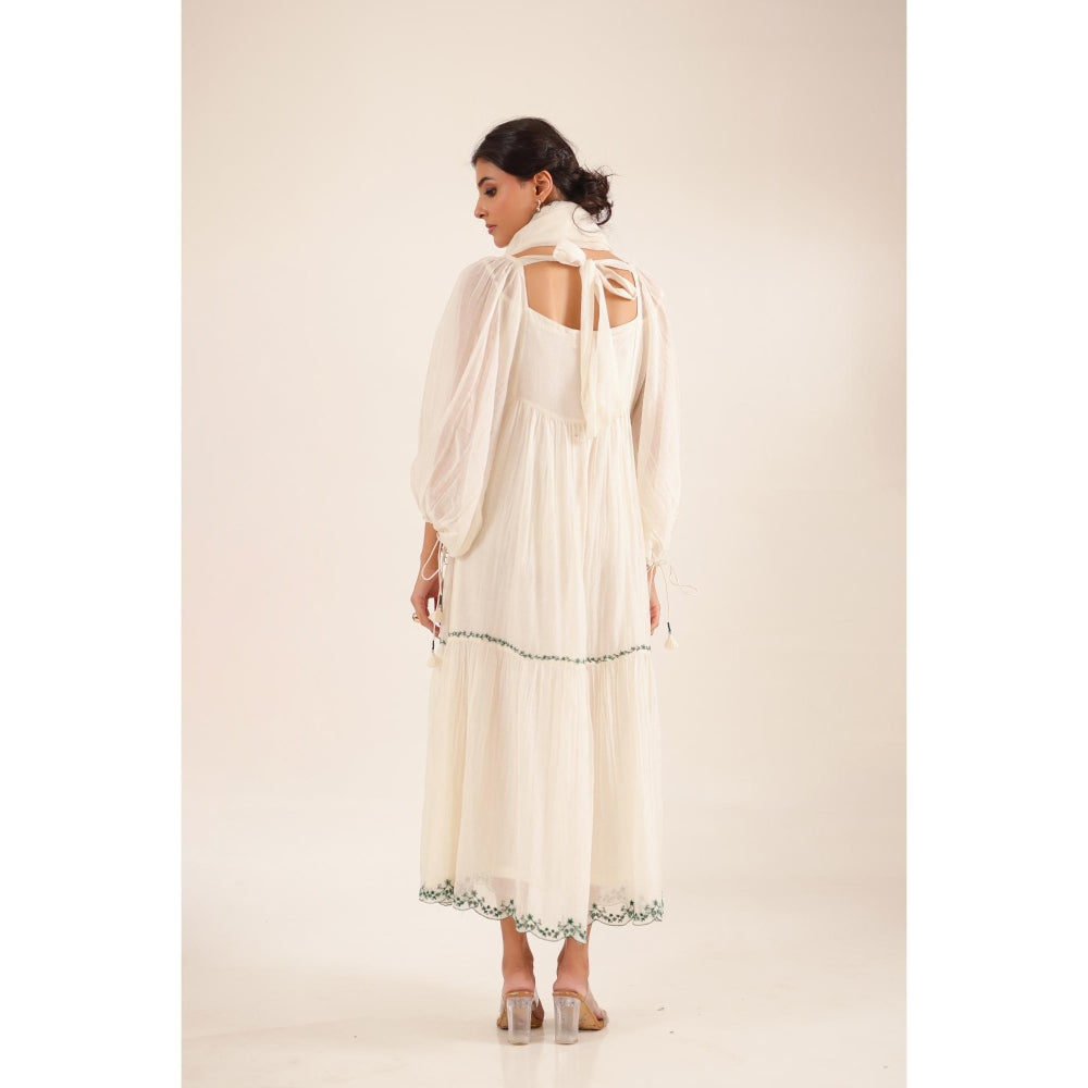 Tatwa Designs Women White Chanderi Embroidered Midi Dress With Dupatta