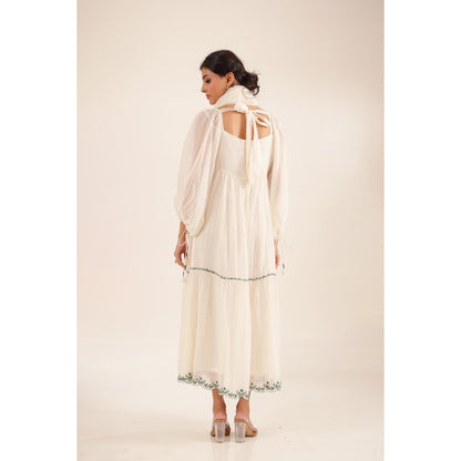 Tatwa Designs Women White Chanderi Embroidered Midi Dress With Dupatta