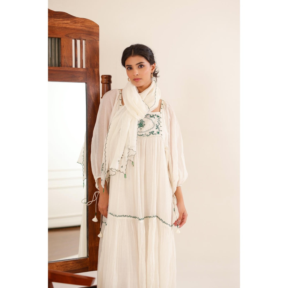 Tatwa Designs Women White Chanderi Embroidered Midi Dress With Dupatta