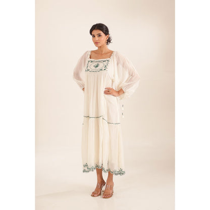 Tatwa Designs Women White Chanderi Embroidered Midi Dress With Dupatta