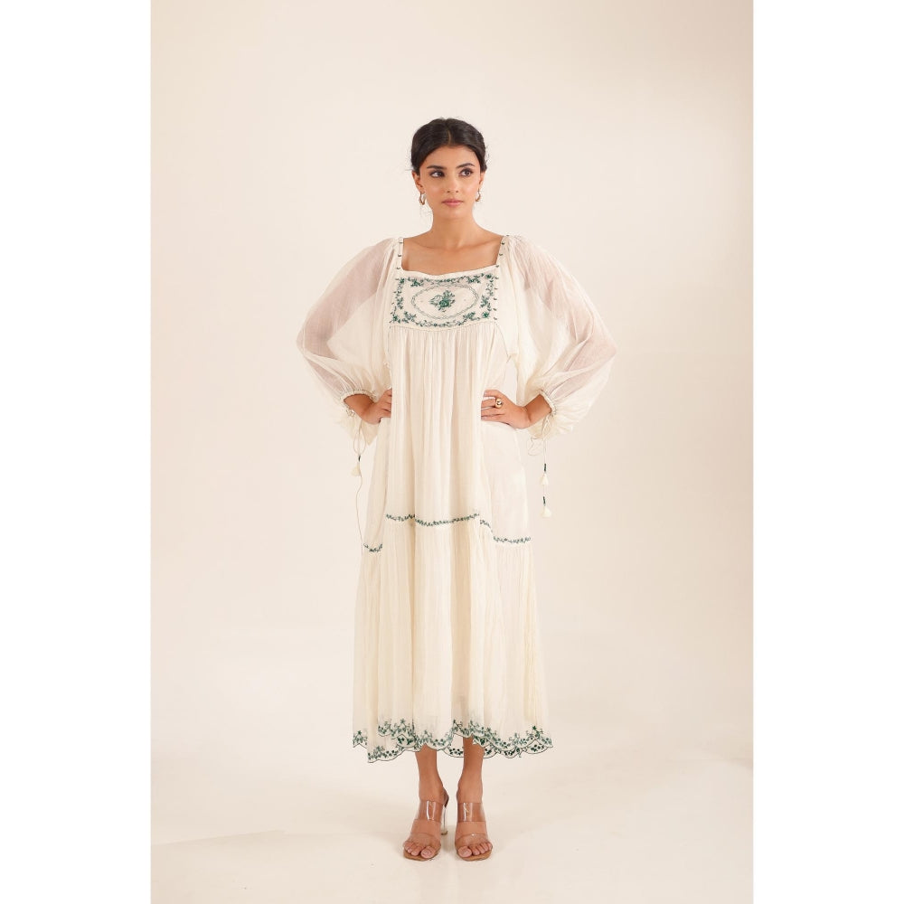 Tatwa Designs Women White Chanderi Embroidered Midi Dress With Dupatta