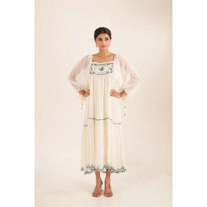 Tatwa Designs Women White Chanderi Embroidered Midi Dress With Dupatta