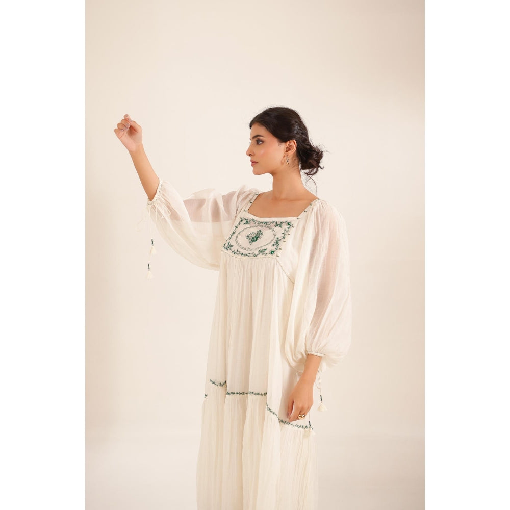 Tatwa Designs Women White Chanderi Embroidered Midi Dress With Dupatta