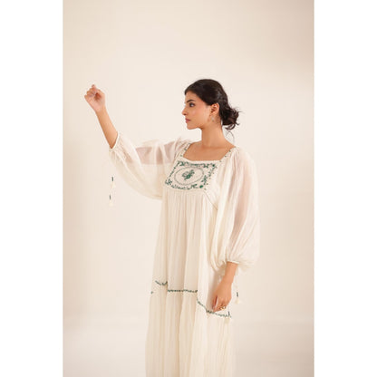 Tatwa Designs Women White Chanderi Embroidered Midi Dress With Dupatta