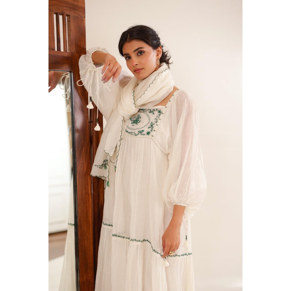Tatwa Designs Women White Chanderi Embroidered Midi Dress With Dupatta