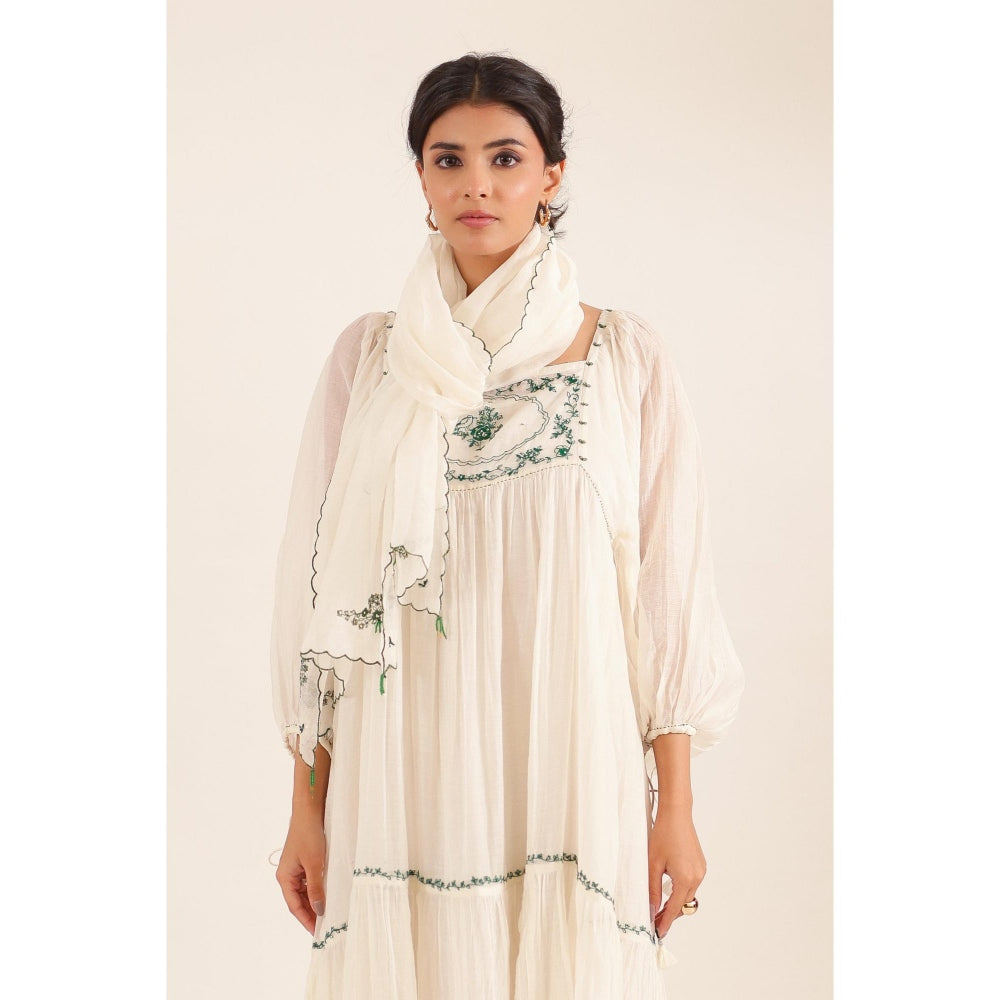 Tatwa Designs Women White Chanderi Embroidered Midi Dress With Dupatta