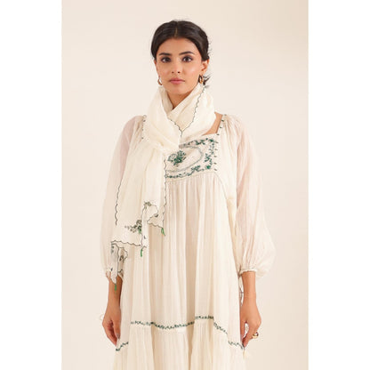 Tatwa Designs Women White Chanderi Embroidered Midi Dress With Dupatta