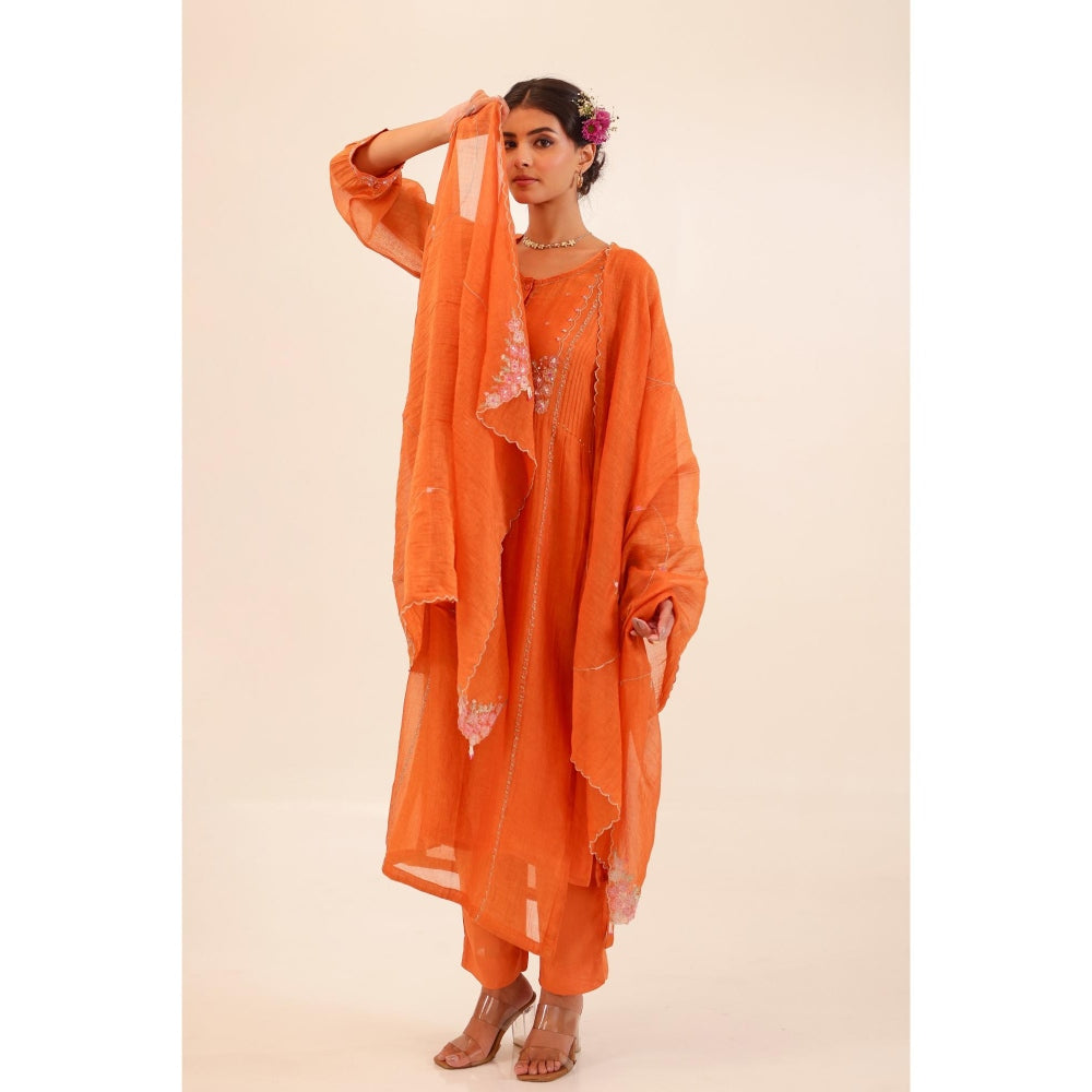 Tatwa Designs Women Rust Chanderi Embroidered Kurta with Pant and Dupatta