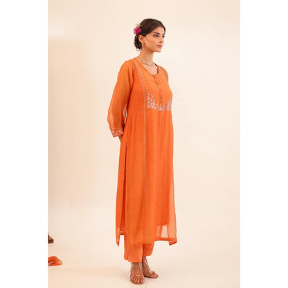 Tatwa Designs Women Rust Chanderi Embroidered Kurta with Pant and Dupatta