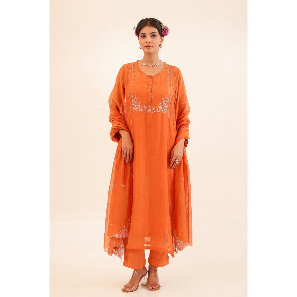 Tatwa Designs Women Rust Chanderi Embroidered Kurta with Pant and Dupatta