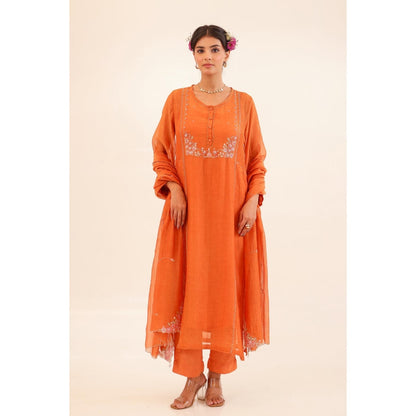 Tatwa Designs Women Rust Chanderi Embroidered Kurta with Pant and Dupatta
