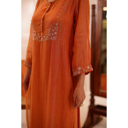 Tatwa Designs Women Rust Chanderi Embroidered Kurta with Pant and Dupatta