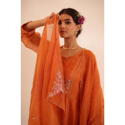 Tatwa Designs Women Rust Chanderi Embroidered Kurta with Pant and Dupatta
