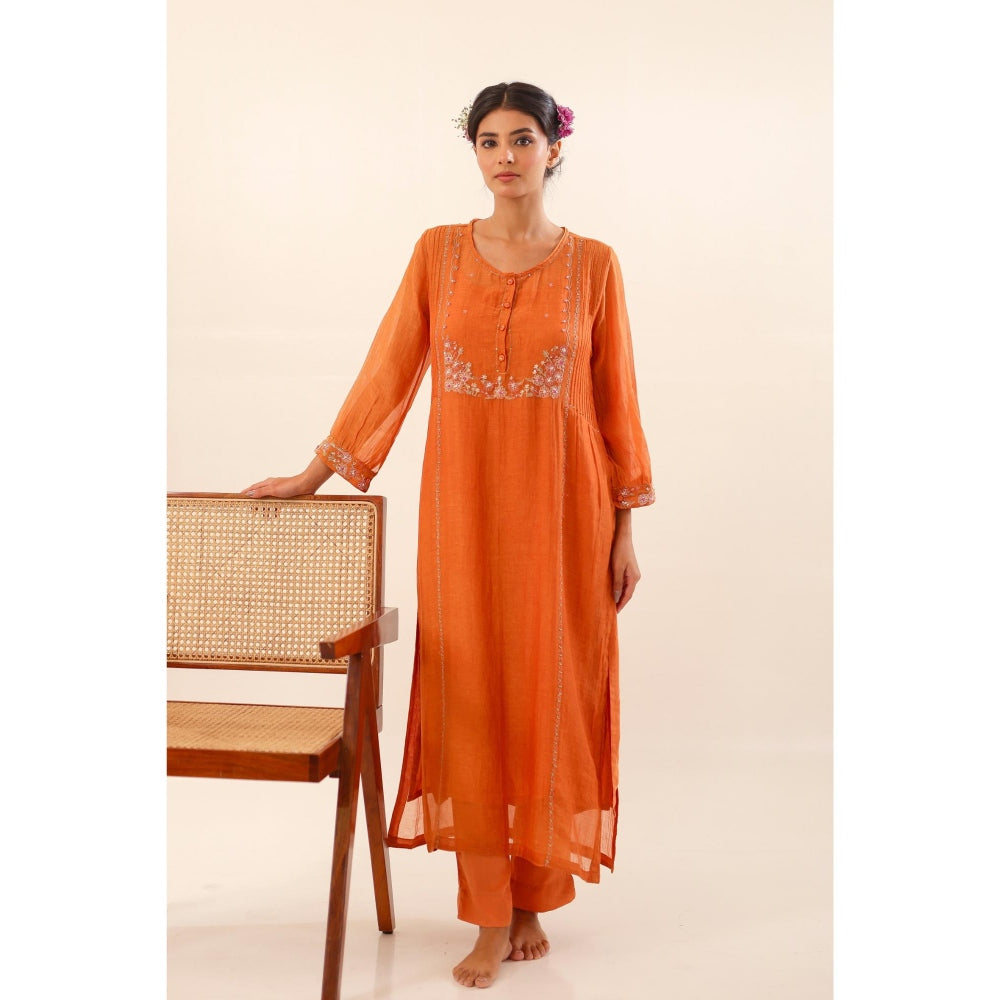 Tatwa Designs Women Rust Chanderi Embroidered Kurta with Pant and Dupatta