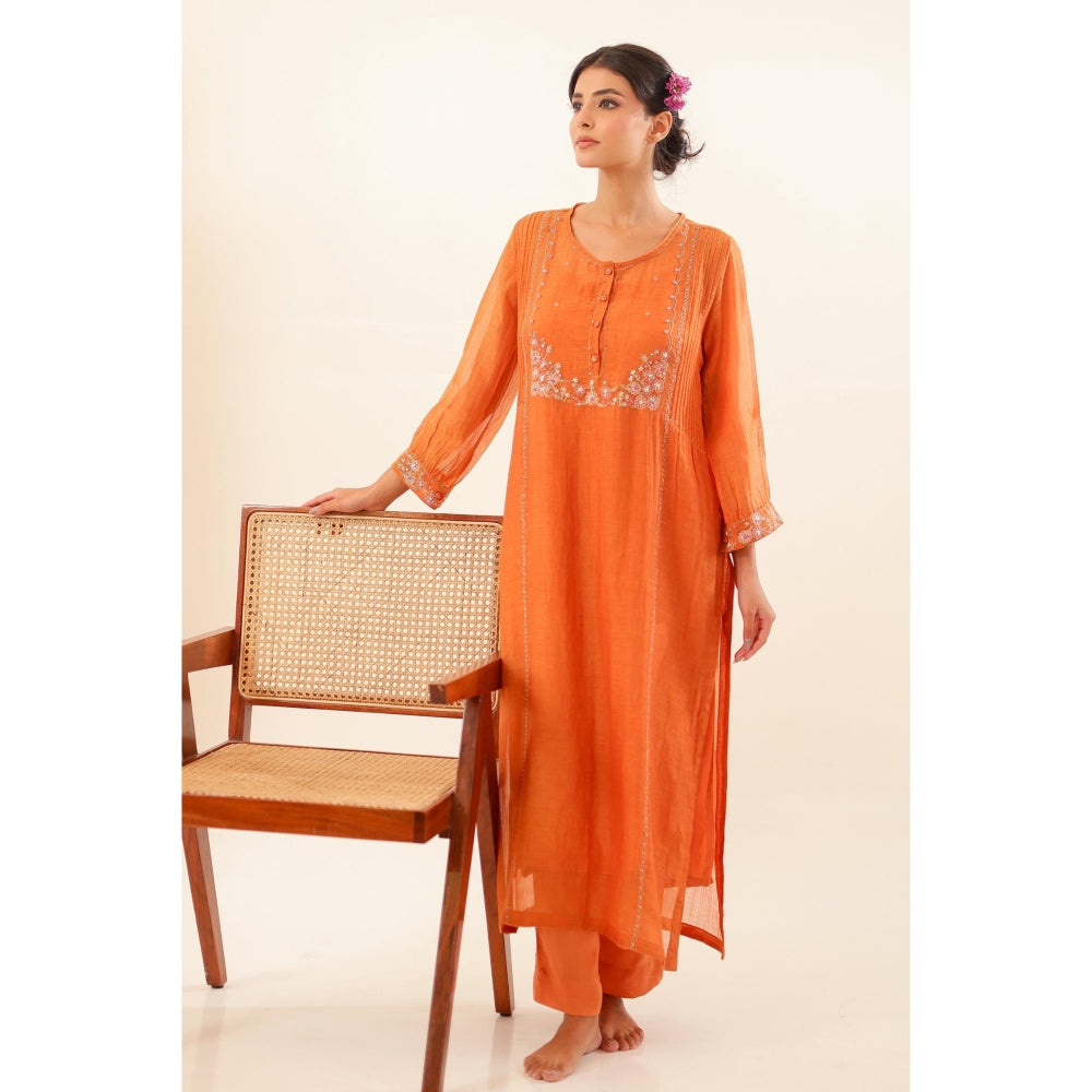 Tatwa Designs Women Rust Chanderi Embroidered Kurta with Pant and Dupatta