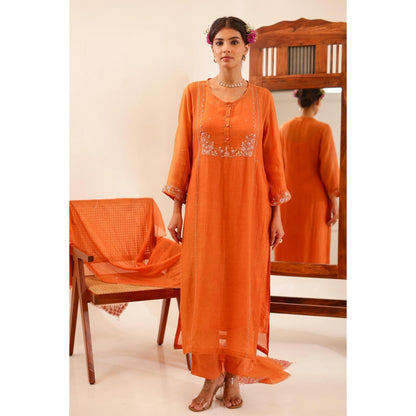 Tatwa Designs Women Rust Chanderi Embroidered Kurta with Pant and Dupatta