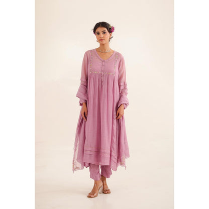 Tatwa Designs Women Purple Chanderi Embroidered Kurta with Pant and Dupatta