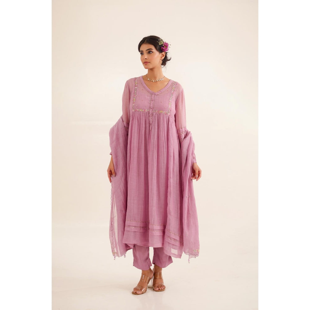 Tatwa Designs Women Purple Chanderi Embroidered Kurta with Pant and Dupatta