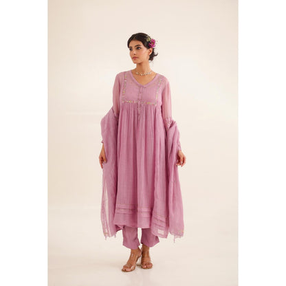 Tatwa Designs Women Purple Chanderi Embroidered Kurta with Pant and Dupatta