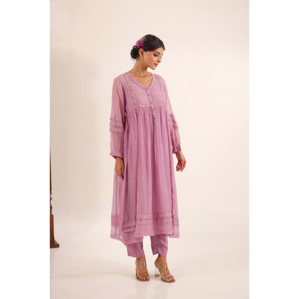 Tatwa Designs Women Purple Chanderi Embroidered Kurta with Pant and Dupatta