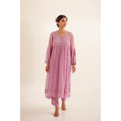 Tatwa Designs Women Purple Chanderi Embroidered Kurta with Pant and Dupatta