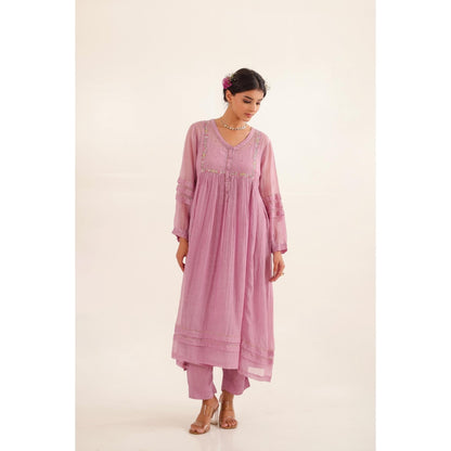 Tatwa Designs Women Purple Chanderi Embroidered Kurta with Pant and Dupatta