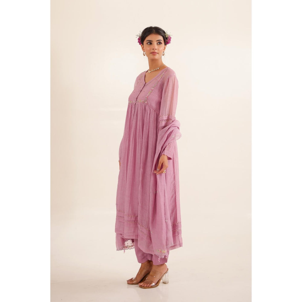Tatwa Designs Women Purple Chanderi Embroidered Kurta with Pant and Dupatta