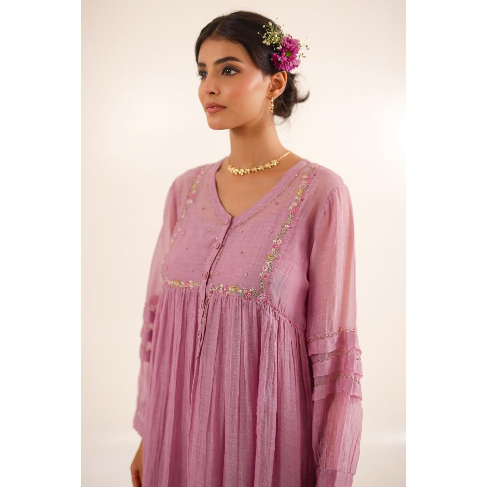 Tatwa Designs Women Purple Chanderi Embroidered Kurta with Pant and Dupatta